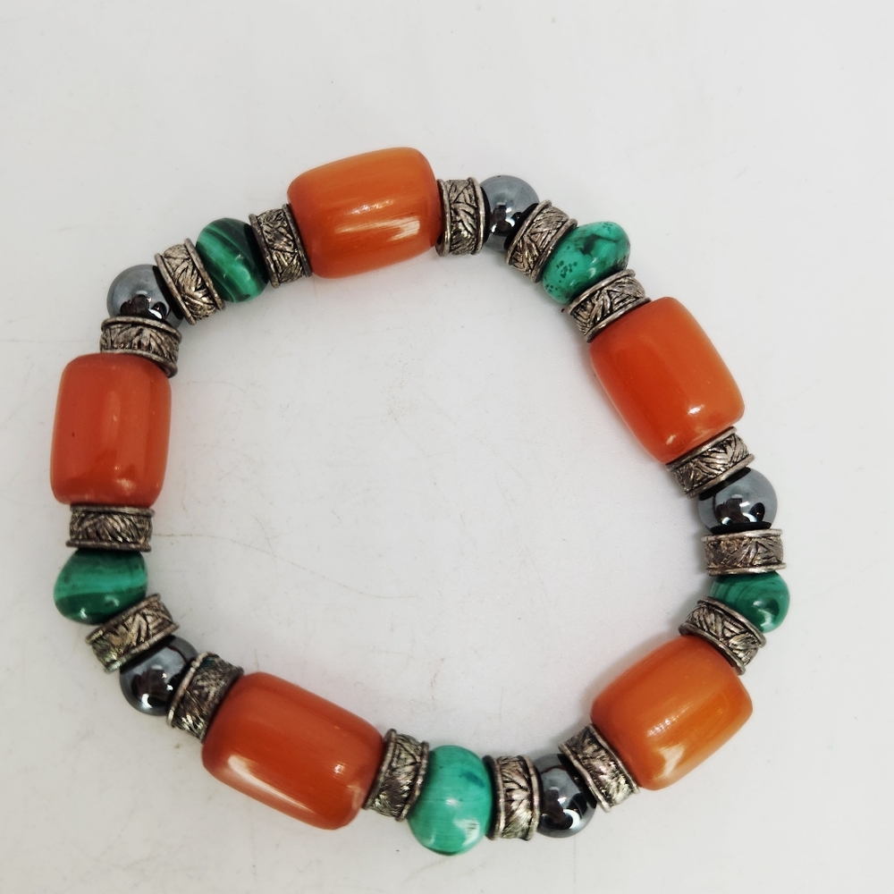 Silver Tone Honey Amber Malachite Hematite Bead Stretch Bracelet